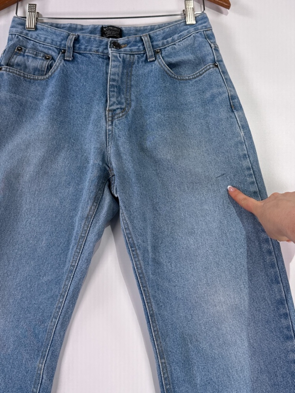 WV Project Straight Leg Jeans Raw Hem Zigzag Pockets Denim Light Wash L - Picture 14 of 15